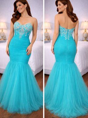 NEW Madison James Teal Silver Mermaid Formal Gown $518
